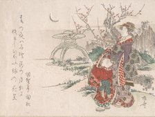 Woman with a Child in the Garden Looking at the New Moon, 19th century., 19th century. Creator: Shinsai.