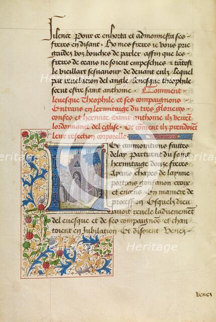 Initial L: Saint Anthony Appearing to Bishop Theophilus and Leading Him to His..., about 1465-70. Creators: Master of the Brussels Romuléon, Workshop of the Master of the Brussels Romuléon.