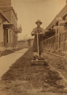 Dou Kee, Chinese servant, mowing the lawn, Dom Smith, Vladivostok, Russia, 1899. Creator: Eleanor Lord Pray.