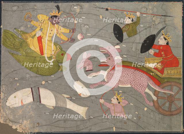 Krishna Fighting Vanasura's Sons: Scene from the Aniruddha Usha Section of Krishna Lila, c. 1840. Creator: Unknown.