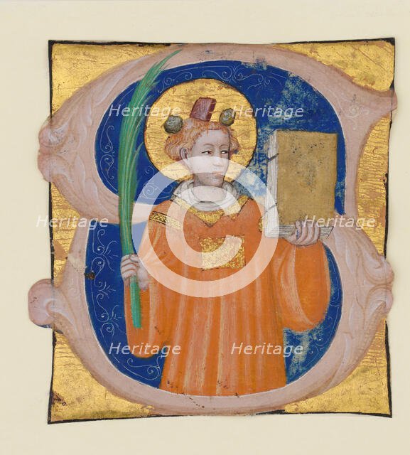 Manuscript Illumination with Saint Stephen in an Initial S, from an Antiphonary, Italian, ca. 1410-2 Creator: Master of the Brussels Initials.