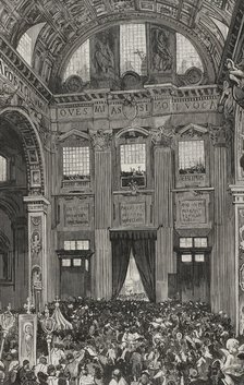 Pope Leo XIII giving his first blessing to the faithful from the inner balcony...1878. Creator: Bernardo Rico.