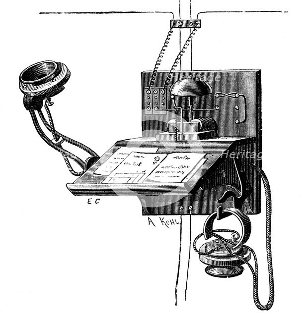 Edison transmitter and a 'pony crown' receiver, New York, c1891. Artist: Unknown