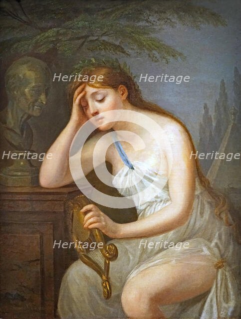 Muse of poetry mourning the death of Voltaire (La Muse de la poésie pleurant la mort de..., 1785. Creator: Brossard de Beaulieu, Geneviève (1755-1835).