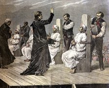 Execution of anarchists to garotte in Jerez de la Frontera, 1892, color etching.