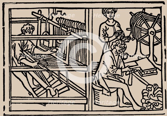 Combing, spinning and weaving of wool. From Speculum Vitae Humanae by Rodericus Zamorensis, 1479. Creator: Anonymous.
