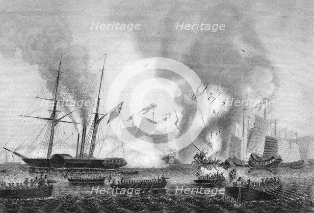 The destruction of the Chinese war junk in Anson's Bay, 7 January 1841 (c1857).Artist: George Greatbatch