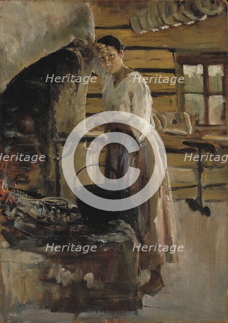 Woman Cooking Whitefish; Woman grilling fish, 1886. Creator: Akseli Gallen-Kallela.