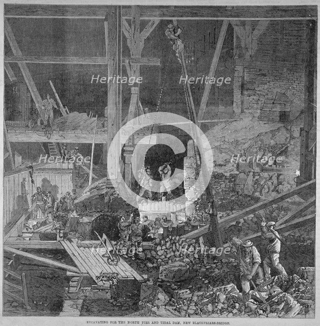 Excavation work for the north pier and tidal dam at Blackfriars Bridge, London, 1864. Artist: Anon