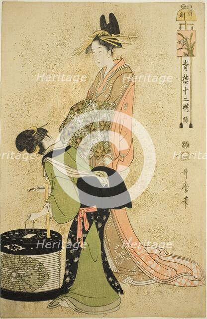 Hour of the Cock (Tori no koku), from the series "Twelve Hours in Yoshiwara...", Japan, c. 1794. Creator: Kitagawa Utamaro.