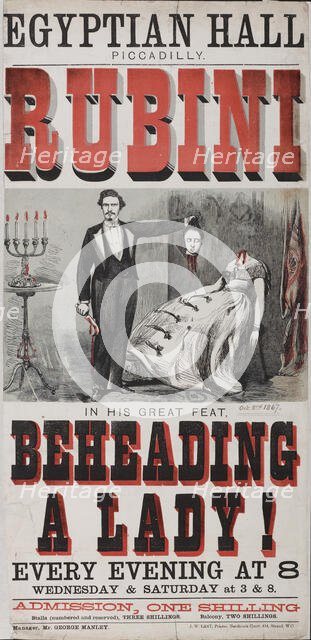 Egyptian Hall Piccadilly - Rubini in his Great Feat, Beheading a Lady!, 1867.  Creator: Unknown.