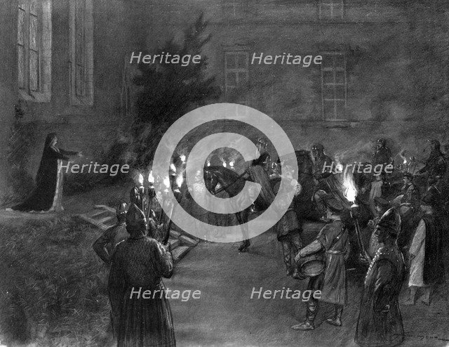 Lady Macbeth welcomes King Duncan at the gates of Macbeth's castle, 1909. Artist: J Simont