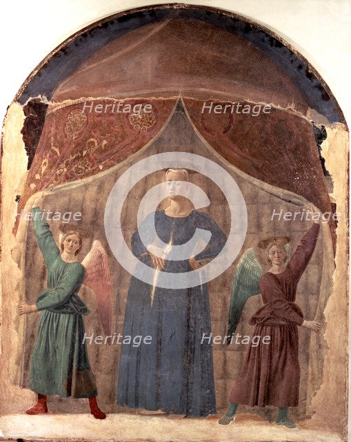 Madonna of Birth' painting by Piero della Francesca, fresco in the cemetery of Monterchi.