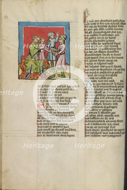 Moses and Pharaoh's Crown; Moses Eating the Burning Coals; Weltchronik, about 1400-1410. Creator: Unknown.