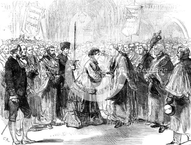Lady Burdett-Coutts delivering Columbia Market to the Lord Mayor, 1871. Creator: Unknown.