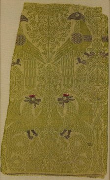Textile Fragment with brocade with Bird, Dragon, and Palmette Motifs, Italian, 13th century. Creator: Unknown.