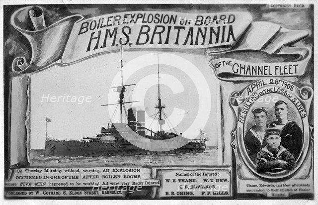 Boiler explosion on board HMS 'Britannia', 28th April 1908. Artist: Unknown
