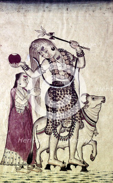 Siva, followed by his consort Parvati, walking with the Bull, Nandi, c1730.  Artist: Unknown.