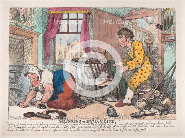 The Miseries of Human Life: Getting Up Early in a Cold Gloomy Morning...Before ..., October 9, 1807. Creator: Thomas Rowlandson.