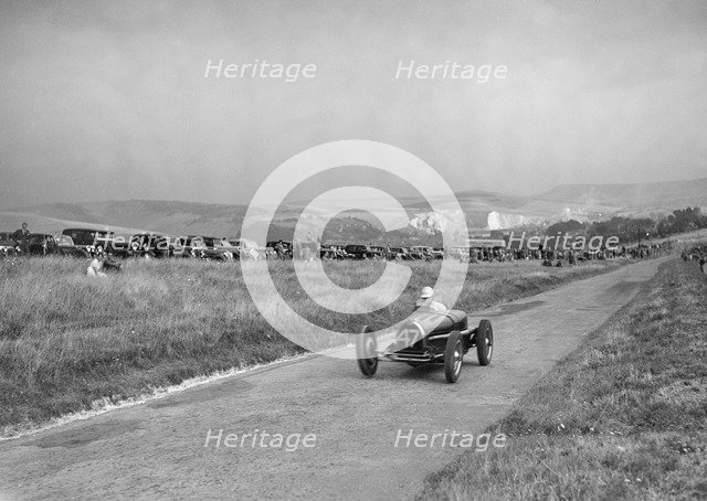 Bugatti Type 59 of A Baron competing in the Bugatti Owners Club Lewes Speed Trials, Sussex, 1937. Artist: Bill Brunell.