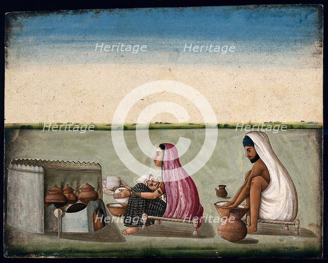 A couple preparing tandoori rotis: the woman faces the tandoor and..., (between 1800 and 1899?). Creator: Unknown.