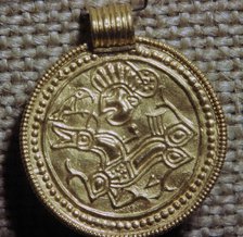 Gold bracteate depicting a horse and bird, 5th century. Artist: Unknown
