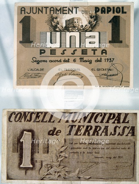 Banknotes issued by the municipalities of Papiol and Terrassa in May 1937 during the Spanish Civi…