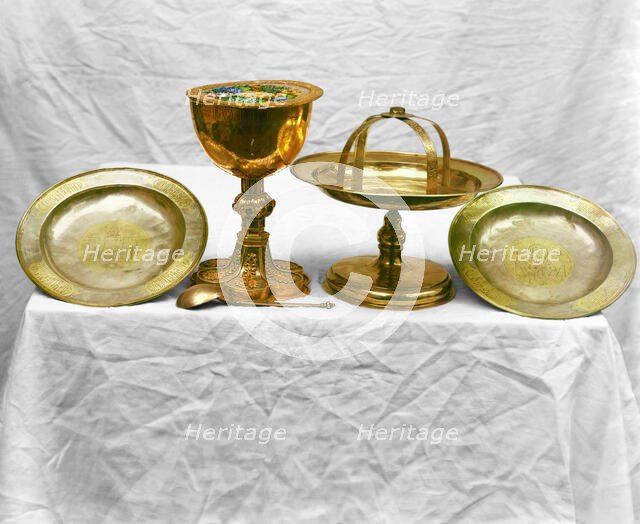 Silver vessels, in the vestry of the Ipatievsky Monastery, Kostroma, 1911. Creator: Sergey Mikhaylovich Prokudin-Gorsky.