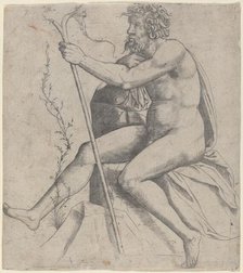 Man Seated Holding a Forked Staff, c. 1514/1515. Creator: Giovanni Antonio da Brescia.