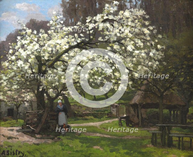 Printemps, paysanne sous les arbres en fleurs (Spring, peasant woman under..., ca. 1865. Creator: Sisley, Alfred (1839-1899).