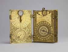 Gilt-brass cased clock-watch with alarm, sundials and lunar volvelle in the form of a book, c1580. Artist: Hans Kock.