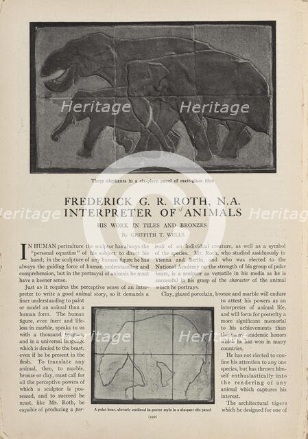 Three elephants in a  six-piece panel of matt-glaze tiles..., c1912-04. Creator: Frederick Roth.