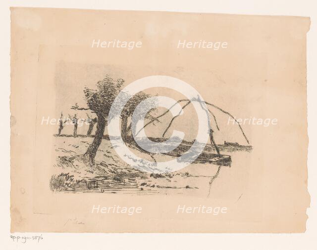Landscape with knot willows, a rowing boat in the water with a totebel, 1854-1911. Creator: Adrien Le Mayeur de Merprés.