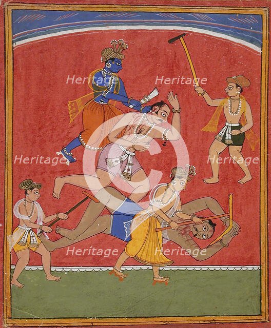 Krishna Killing King Kamsa and Balarama Slaying a Wrestler, c1630. Creator: Unknown.
