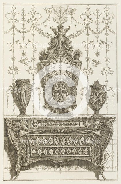Design for bureau with clock, vases and foliate ornamentation, 1769.  Creator: Giovanni Battista Piranesi.