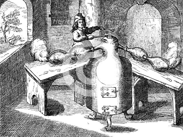 Distillation of nitric acid (Aqua fortis or parting acid) in an 'iron man with two noses', 1689. Artist: Unknown