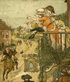 John Gilpin gallops past the Bell Inn as his wife and children wave from the balcony, 1878, (c1918). Creator: Randolph Caldecott.