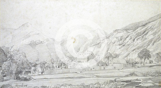 View of Buildings in a walled Enclosure with Mountains in the Background, mid 19th century. Artist: Charles Francois Daubigny.