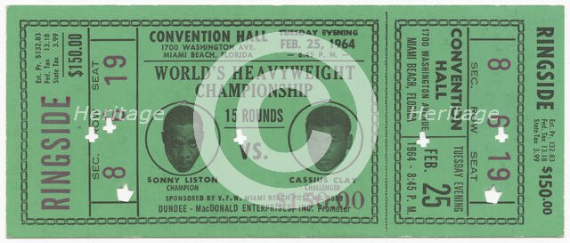 Ticket for World Heavyweight Championship fight of Sonny Liston vs. Cassius Clay, Feburary 25, 1964. Creator: Unknown.
