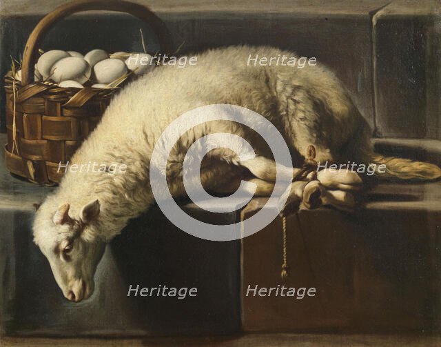 A ligated lamb besides a basket of eggs (Allegory of Easter), Second Half of the 17th cen.. Creator: Recco, Giovan Battista (1615-1660).