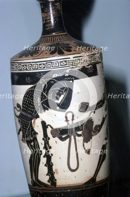 Atlas, Heracles and the golden apples, Athenian black-figure lekythos, c6th century BC. Artist: Unknown.