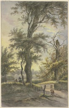 Oak tree, with two men on a path beneath it, a dog by a post, in the light of the evening sun. Creator: Jan Hulswit.