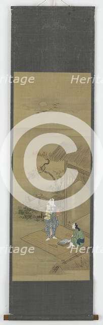 Two peasant girls beating cloth outside a house, Edo period, 18th century. Creator: Shunsho.