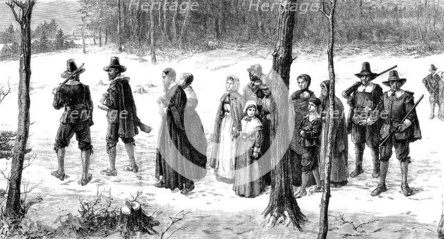 Pilgrim Fathers on their way to church, 1620. Artist: Unknown