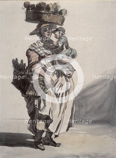 A London green vegetable seller carrying a child, 1759. Artist: Paul Sandby