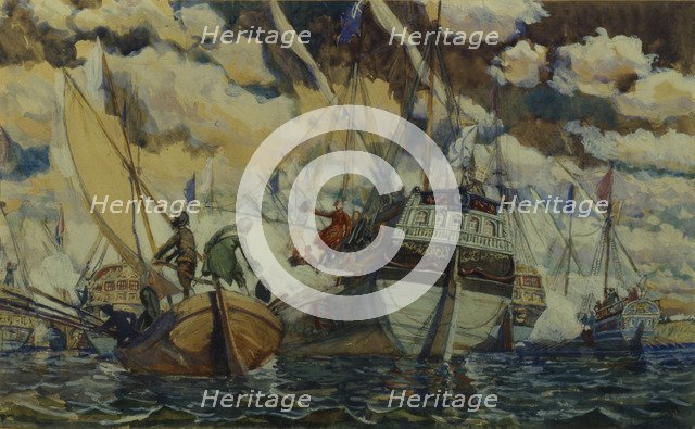 Peter I and Lefort. (The Fleet of Peter I on Lake Pleshcheyevo), 1927. Artist: Kardovsky, Dmitri Nikolayevich (1866-1943)