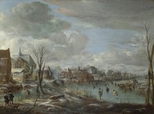 A Frozen River near a Village, with Golfers and Skaters, c. 1647-1648. Artist: Neer, Aert, van der (1603-1677)