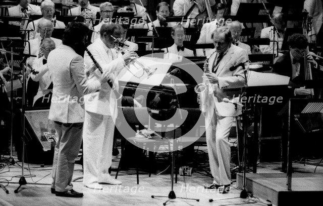 Eddie Daniels, Clark Terry and John Dankworth, Barbican, London, 1986.   Artist: Brian O'Connor.