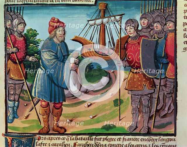 Warriors of Charlemagne embarking to fight the Saracens, miniature in the incunable 'Ogier le Dan…