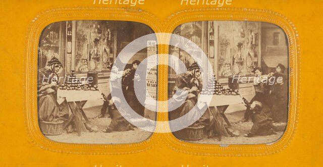 Street scene: woman selling apples, group of children nearby, one trying to steal..., 1860s. Creator: E Lamy.